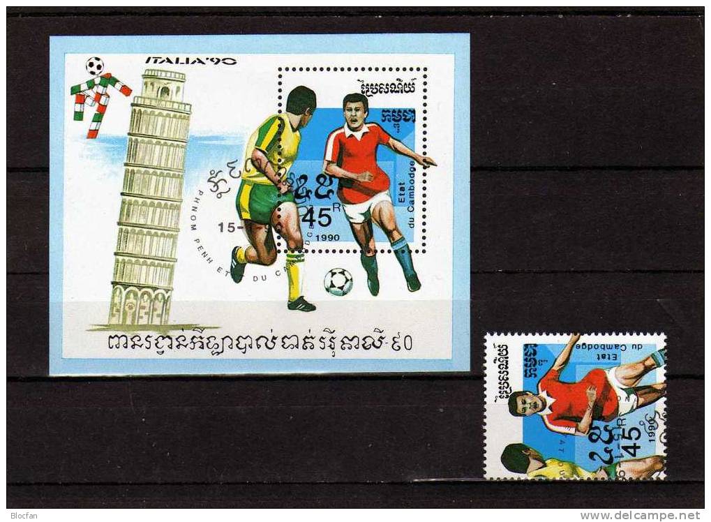 Fussball-WM Italien Pisa 1990 Kampuchea 1096 Plus Block 171 O 2€ Sport Bloc Soccer Sheet From Cambodge - Kambodscha