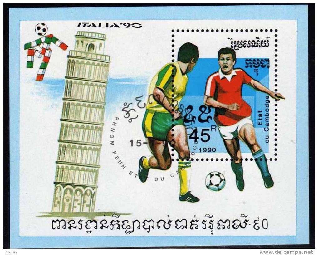 Fussball-WM Italien Pisa 1990 Kampuchea 1096 Plus Block 171 O 2€ Sport Bloc Soccer Sheet From Cambodge - Kambodscha