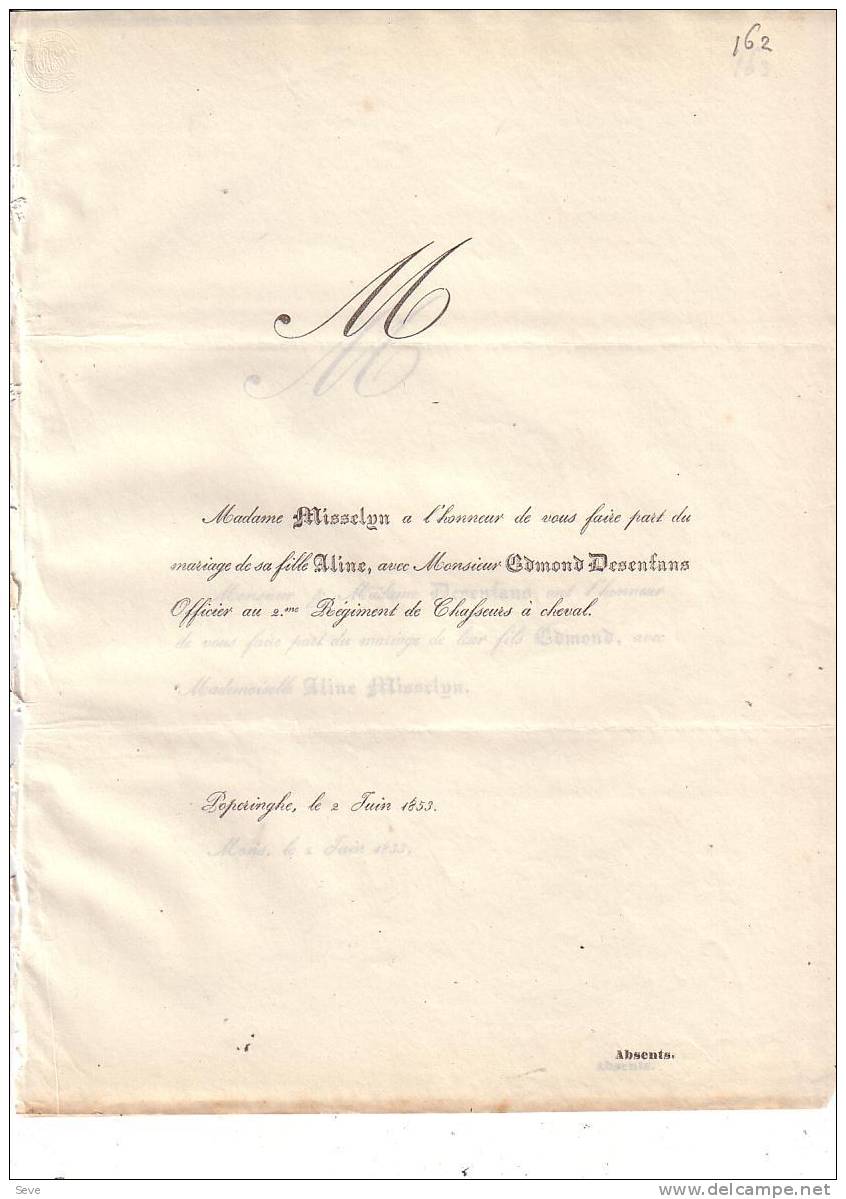 POPERINGE MONS Mariage 1853 Edmond DESENFANS Et Aline MISSELYN Les 2 Faire-parts échangés - Other & Unclassified