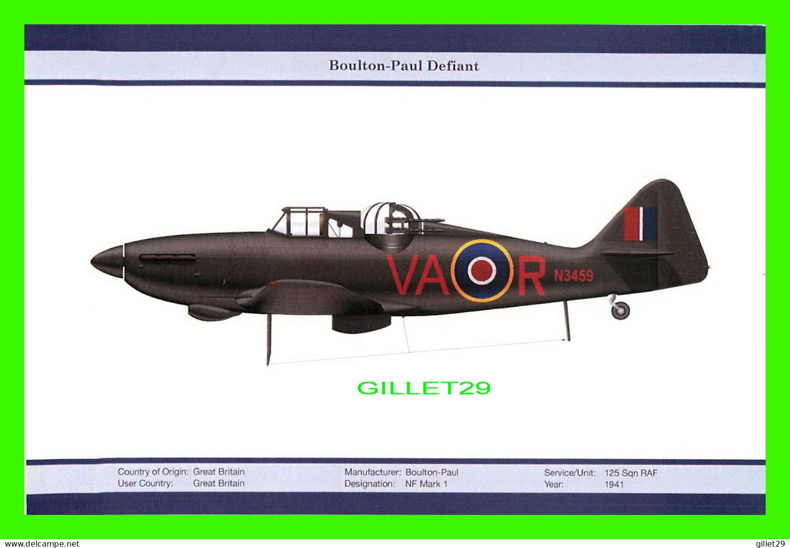 AVION - BOULTON-PAUL DEFIANT No N3459 - NF MARK 1 - SERVICE/UNIT : 125 Sqn RAF - 1941 - ORIENTAL CITY PUBLISHING GROUP L - 1939-1945: 2ème Guerre