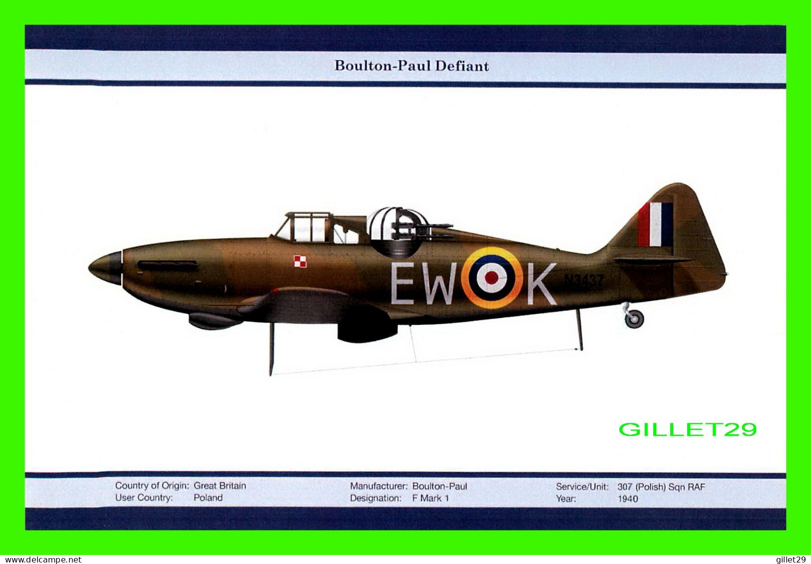 AVION - BOULTON-PAUL DEFIANT No N3437 -  F MARK 1 - SERVICE/UNIT : 307 (POLISH)Sqn RAF - 1940 - ORIENTAL CITY PUBLISHING - 1939-1945: II Guerra