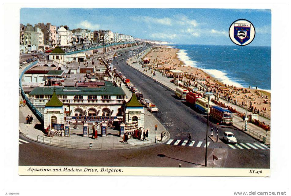 OLD FOREIGN 2437- UNITED KINGDOM - ENGLAND - AQUARIUM AND MADEIRA DRIVE, BRIGHTON, OLD CARS AUTOMOBILES BUS - Brighton