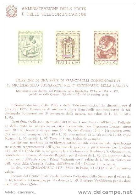28080)foglio Amministrazione Delle Poste E Delle Comunicazioni - Emissione Serie Francobolli Michelangelo Buonarroti - Historische Dokumente