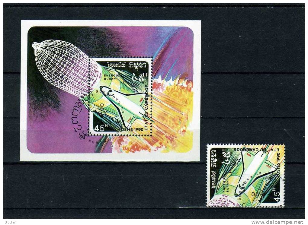 Buran SU-Weltraumflug USA-spaceshuttle 1990 Kampuchea 1184 Plus Block 179 O 2€ Raumfahrt Bloc Space Sheet Of Cambodge - Russie & URSS