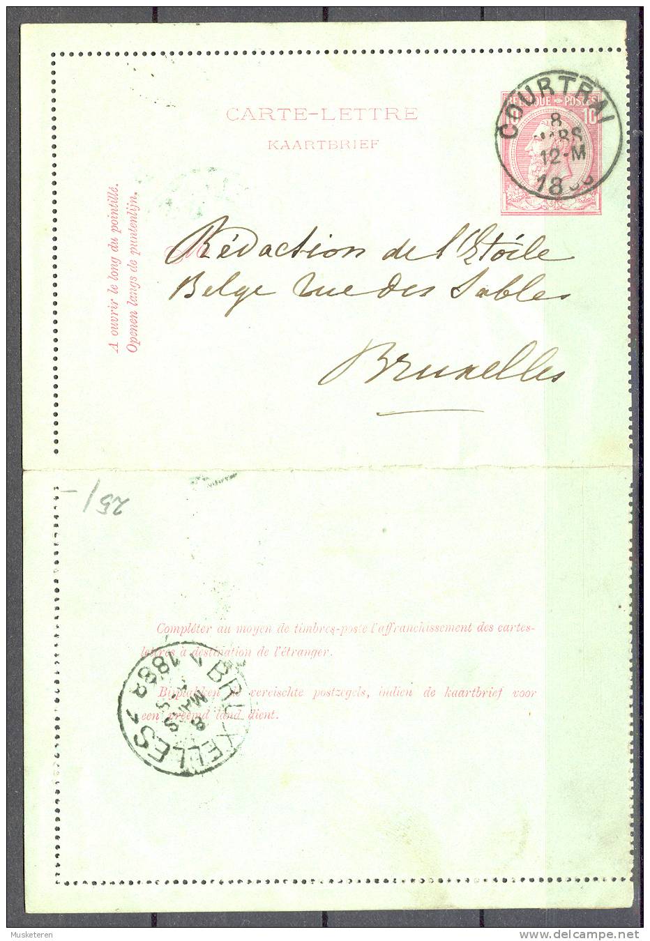 Belgium Postal Stationery Ganzsache Carte-Lettre Letter Card Deluxe COUTRAI Cancel 1888 To Bruxelles - Cartas-Letras