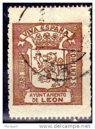 Viñeta Paro Obrero LEON, 5 Cts Castaño Rojo, Guerra Civil º - Spanish Civil War Labels