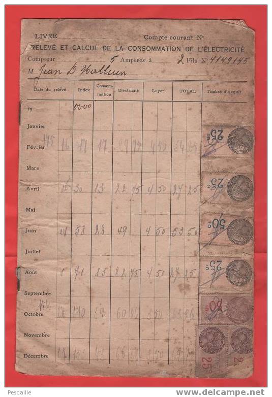 Relevé Et Calcul De La Consommation De L´électricité Avec Timbres D´acquit - Elettricità & Gas