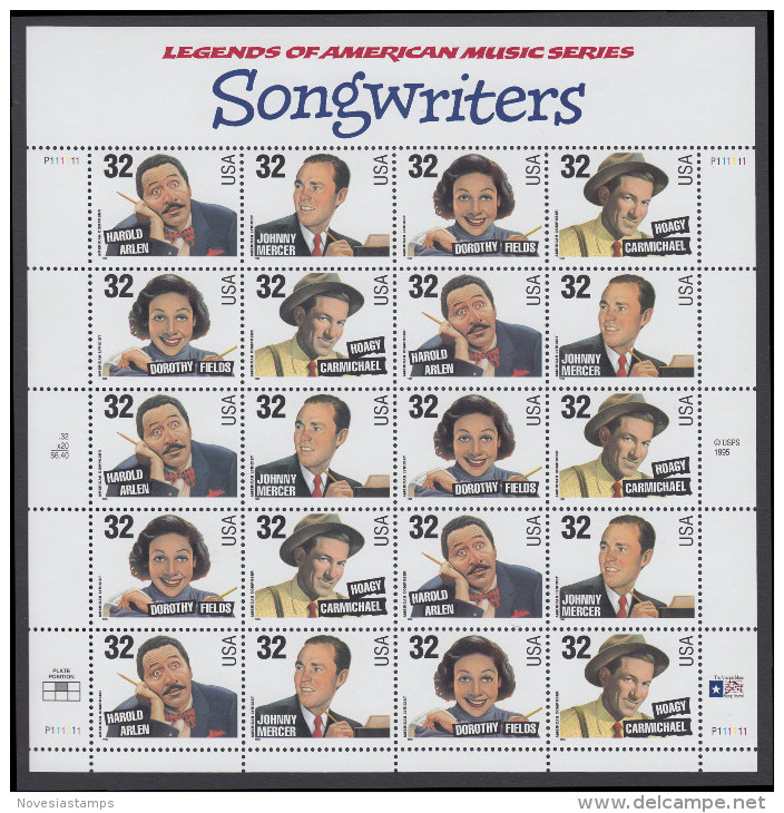 !a! USA Sc# 3100-3103 MNH SHEET(20) - American Music Series: Songwriters - Sheets