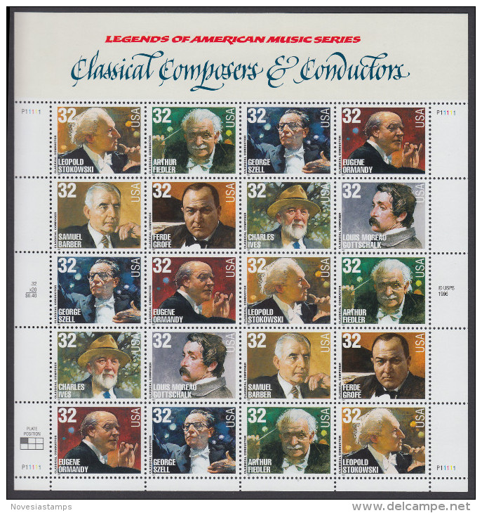 !a! USA Sc# 3160-3165 MNH SHEET(20) - Classical Composers & Conductors - Ganze Bögen
