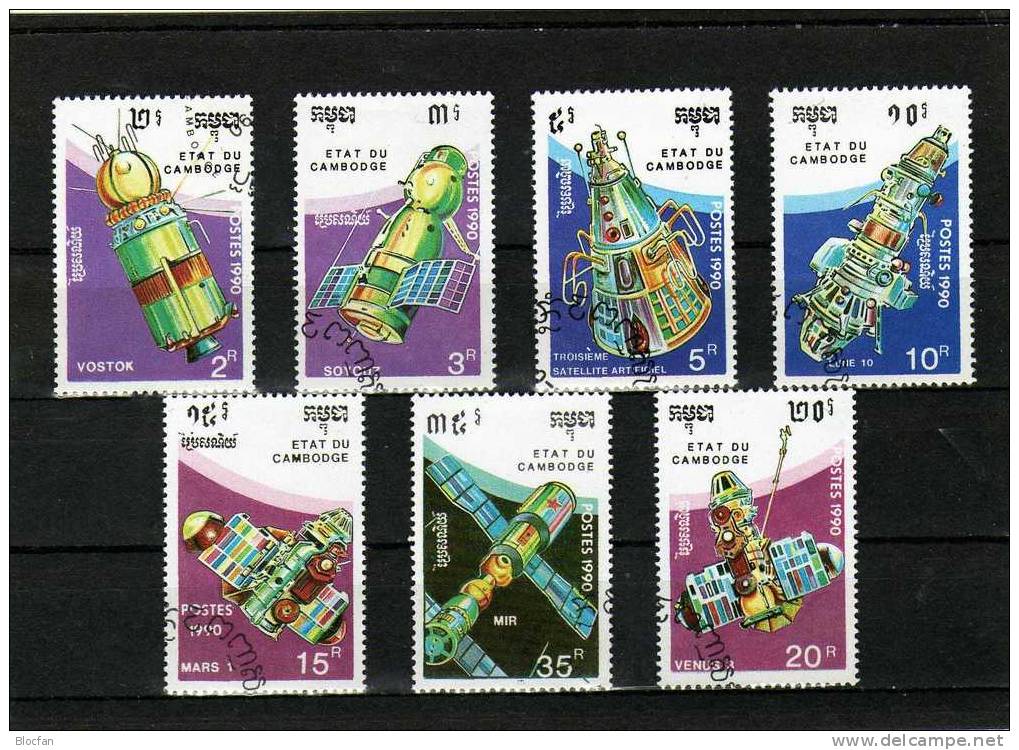 Tag Der Raumfahrt 1980 Raketen Kambodcha 1177/4+Block 180 O 4€ Satellit Troisieme In EUROPA Bloc Space Sheet Of Cambodge - Russie & URSS