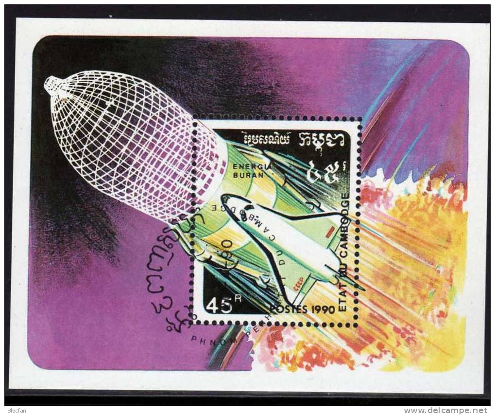 Tag Der Raumfahrt 1980 Raketen Kambodcha 1177/4+Block 180 O 4€ Satellit Troisieme In EUROPA Bloc Space Sheet Of Cambodge - Russie & URSS