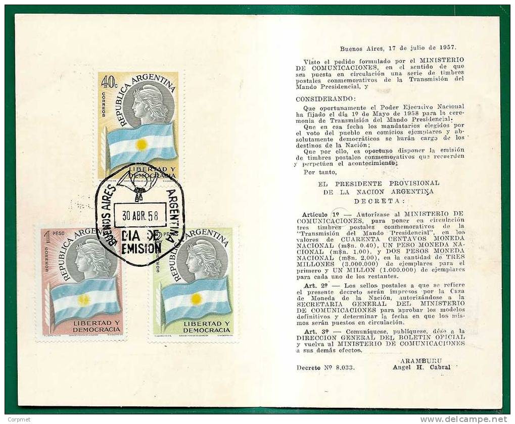 FLAGS - ARGENTINA 1958 First Day Yvert # 587/589 With VARIETY - SUN BROKEN On 1p Stamp - See Scan 2 - Covers