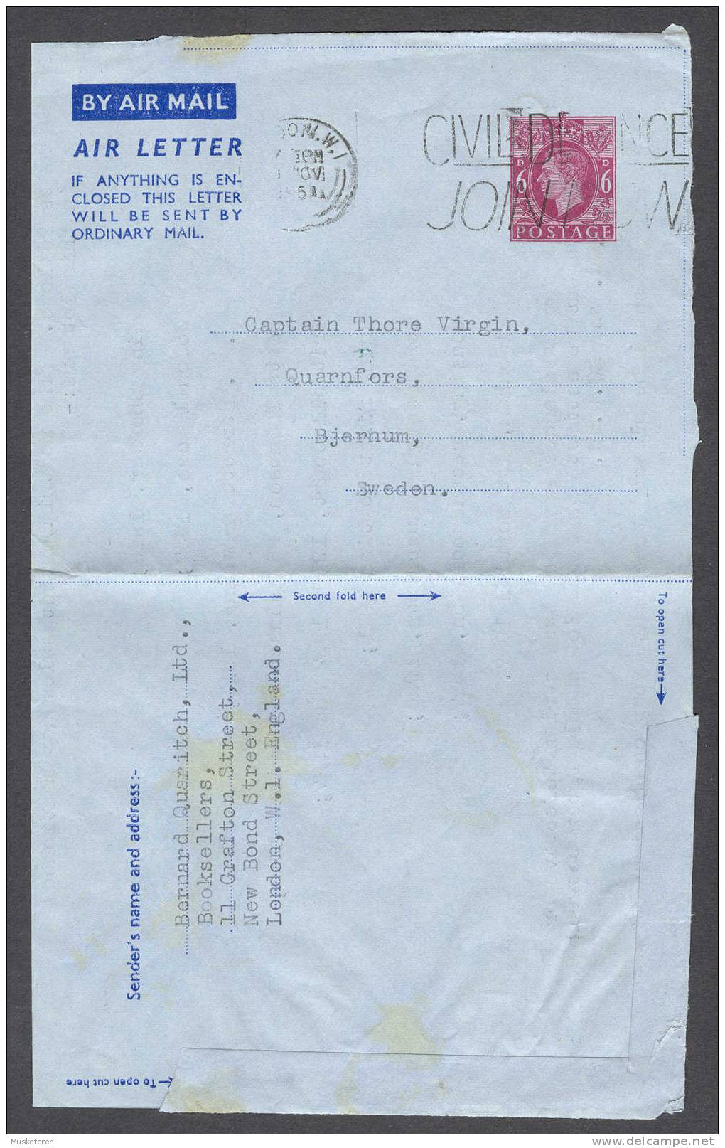 Great Britain Airmail Air Letter King George VI London 1951 Civil Defence Join Now Commercial Cancel  To Bjernum Sweden - Stamped Stationery, Airletters & Aerogrammes