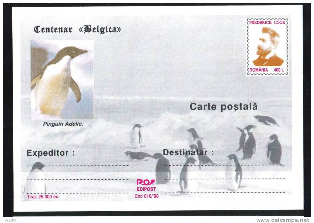 PINGOUINS 1998,BELGICA-EXPEDITION,E XPLORER;FREDERICK COOK,CARD ROMANIA - Pingueinos