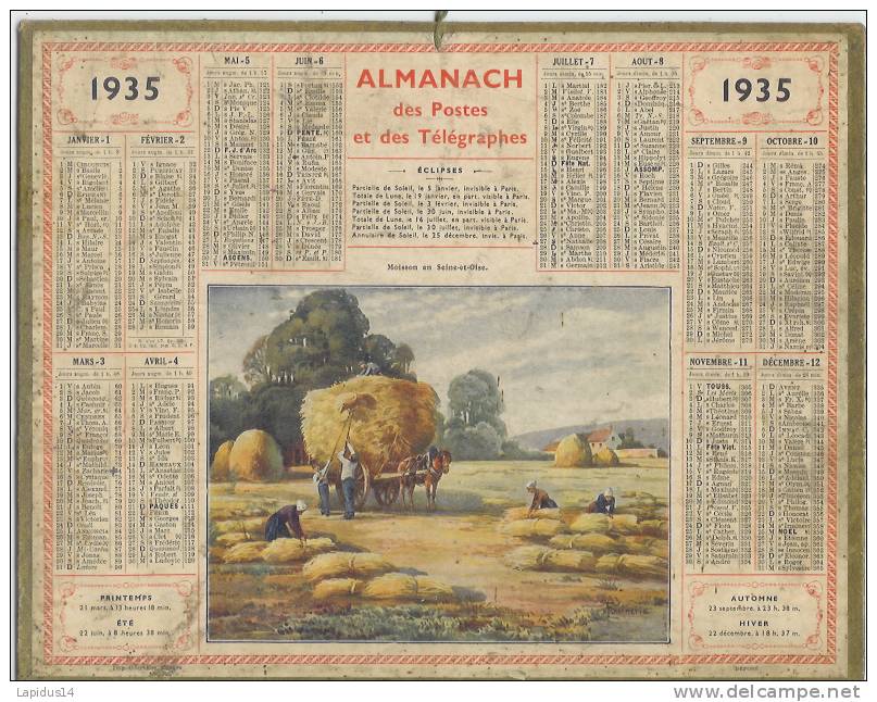 1935 - ALMANACH DES POSTES ET DES TELEGRAPHES-  MOISSON EN SEINE ET OISE - Tamaño Grande : 1921-40