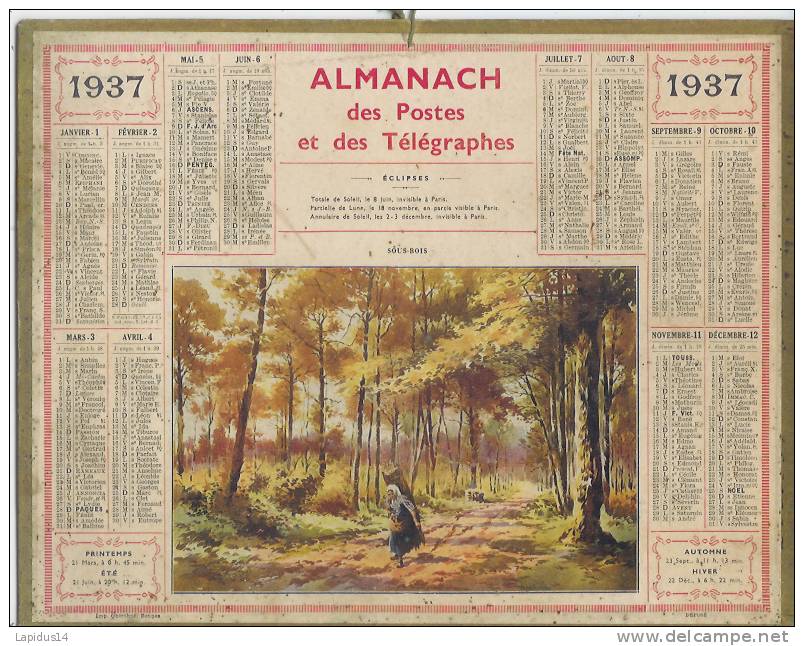 1937 - ALMANACH DES POSTES ET DES TELEGRAPHES-   SOUS BOIS - Grossformat : 1921-40