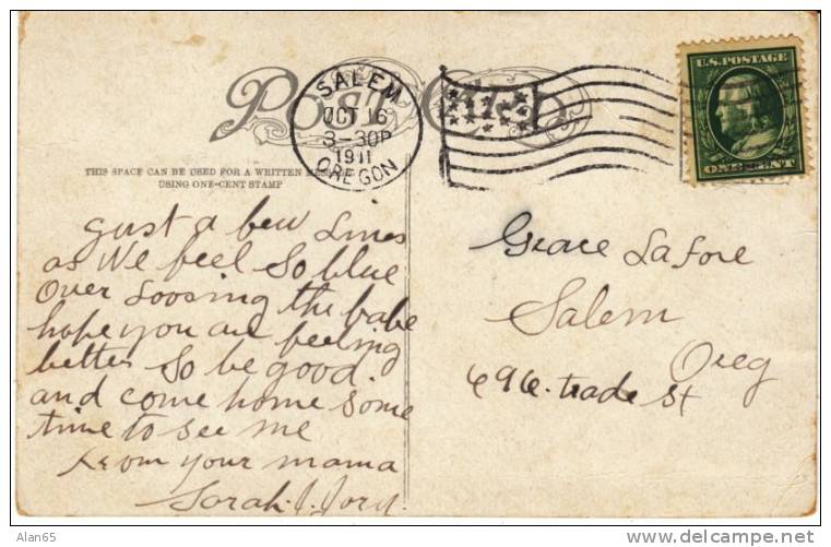 Portland Hotel, Portland Oregon, Salem OR Flag Cancel Postmark On 1911 Vintage Postcard - Portland