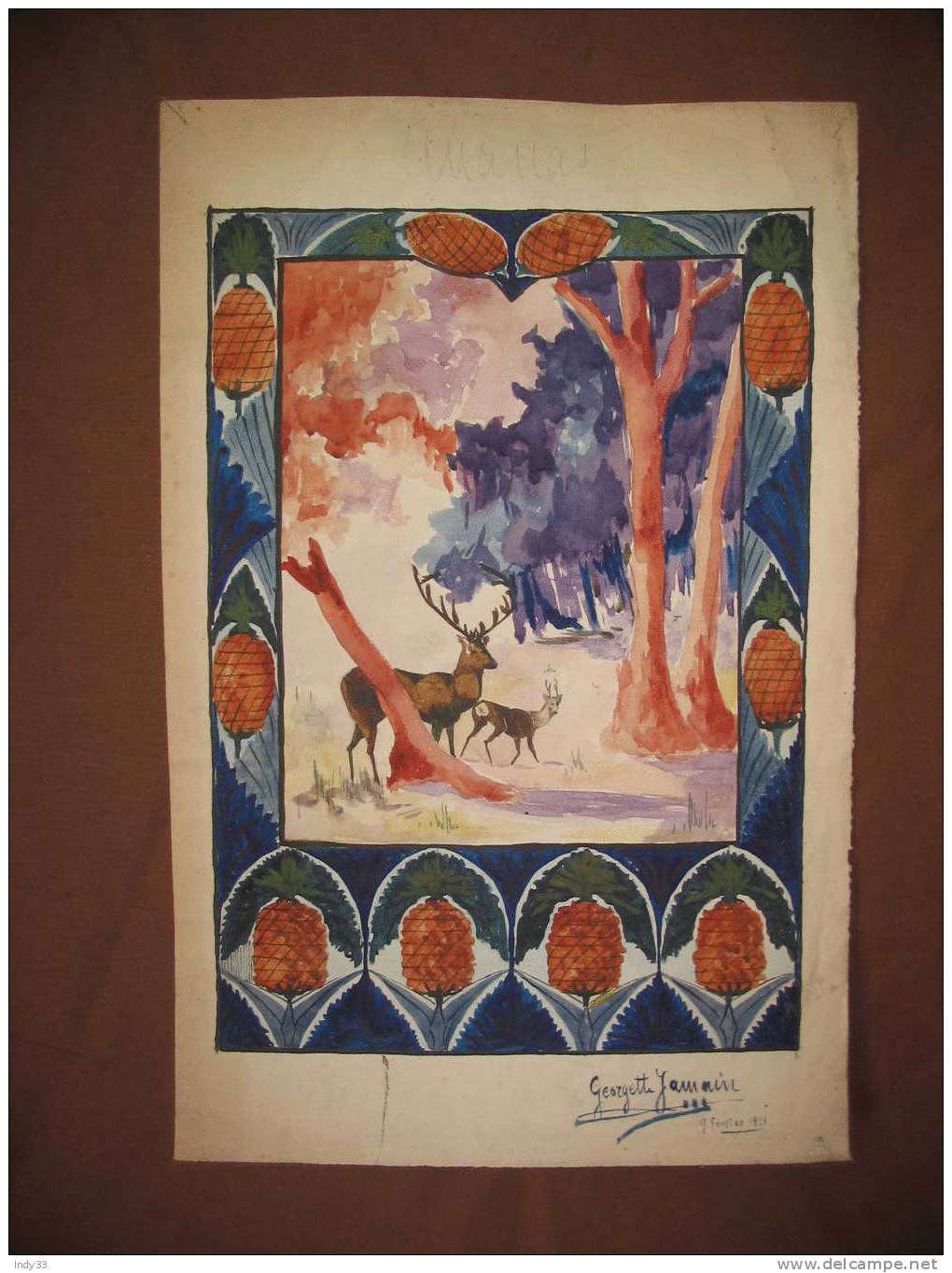 - CERVIDES DANS UN PAYSAGE . AQUARELLE TITREE SIGNEE ET DATEE 1921 - Aquarel