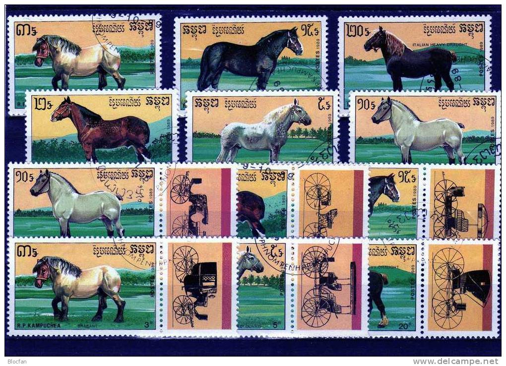 Pferde Und Kutschen 1989 Kambodscha 1055-60 Plus 6xZD O 3€ WWF Horses Se-tenant From Cambodge - Cambodge