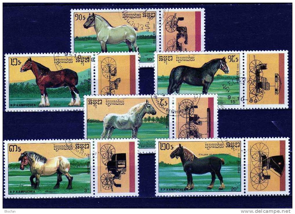 Pferde Und Kutschen 1989 Kambodscha 1055-60 Plus 6xZD O 3€ WWF Horses Se-tenant From Cambodge - Cambodge