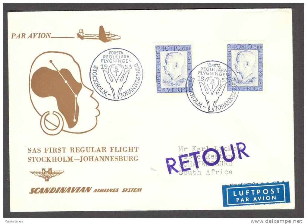Sweden Scandinavian Airlines System SAS Airmail Label 1st Flight Erst Flug STOCKHOLM - JOHANNESBURG 1953 Purple RETOUR - Lettres & Documents