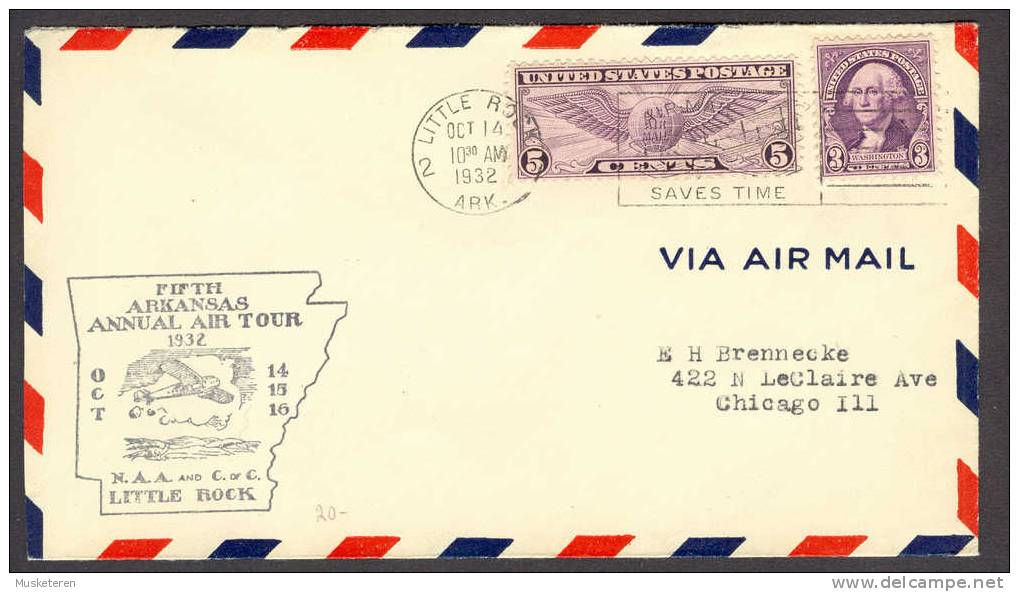 United States US Little Rock Fifth Arkansas Air Tour 1932 Cachet Cover To Chicago - 1c. 1918-1940 Briefe U. Dokumente