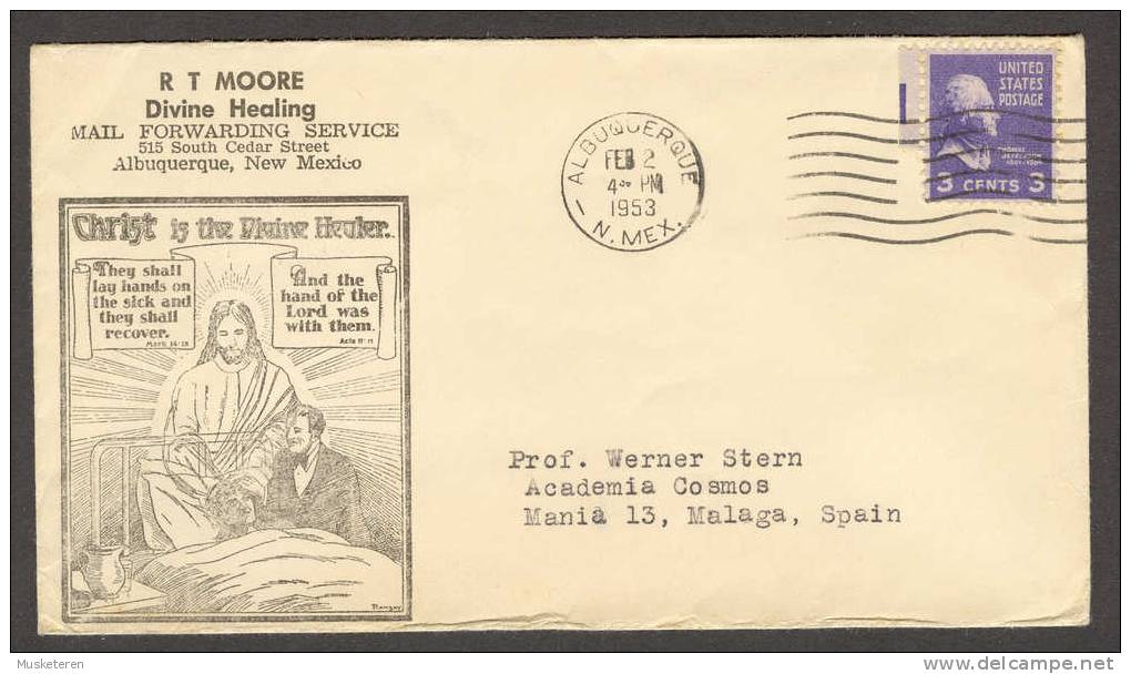 United States US Albuquerque New Mexico Christ Divine Healing 1953 Cachet Cover To Spain - 1c. 1918-1940 Covers