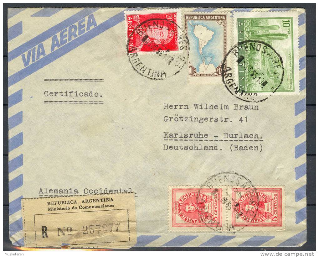 Argentina Ministerio De Comunicaciones Airmail Via Aerea Registered Certificado Deluxe Buenos Aires 1956 Cover T Germany - Luchtpost