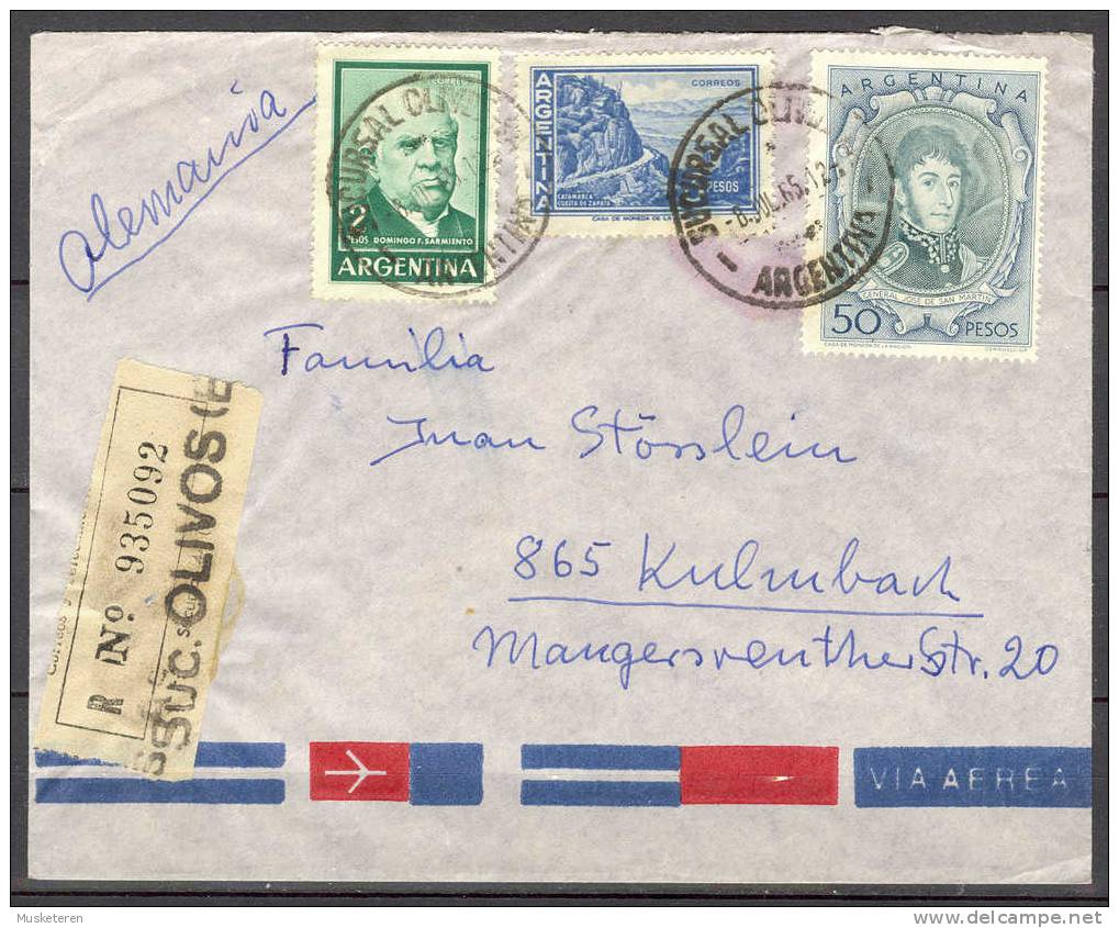 Argentina Airmail Via Aerea Registered Deluxe SUCURSAL OLIVOS 1965 Cover To Kulmbach Alemania San Martin - Poste Aérienne