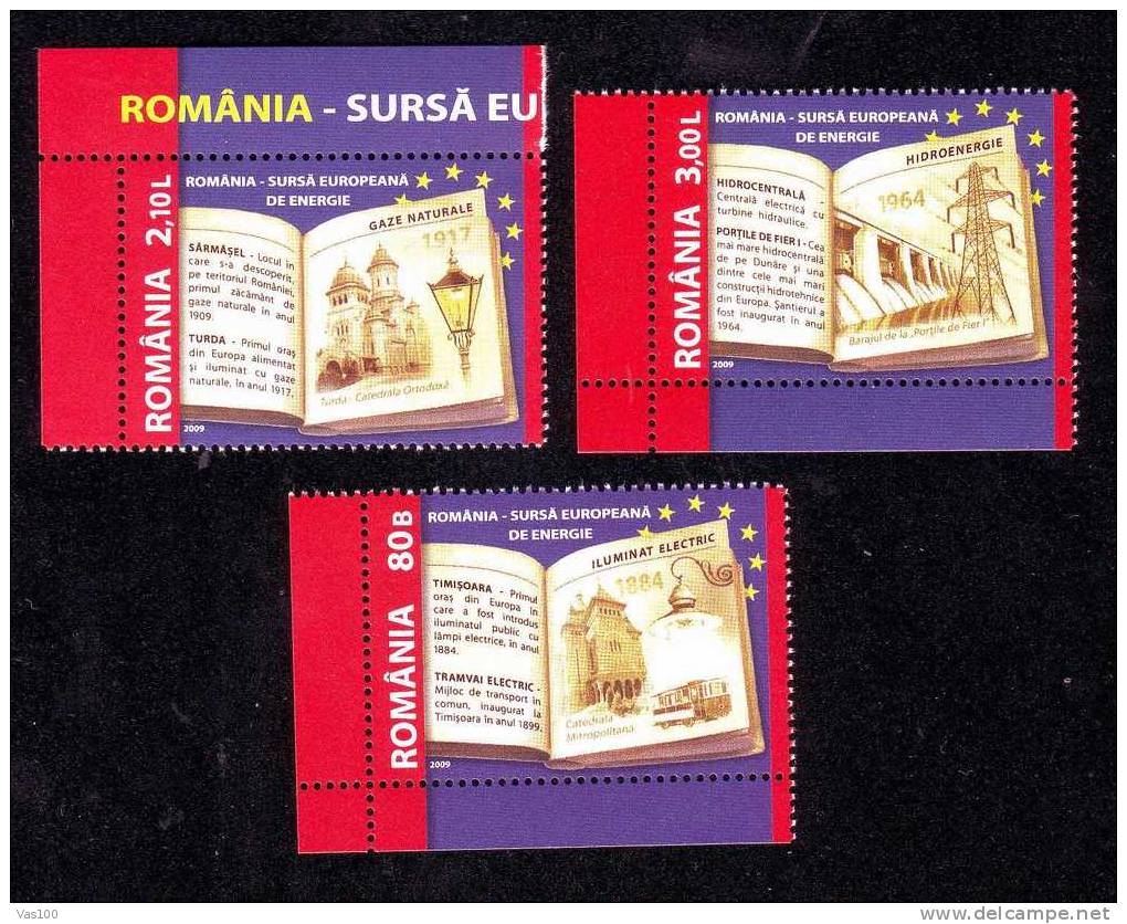 BARRAGE,ENERGIES ,ELECTRICITE,Gaz,Tramway Electric 2.06.2009 MNH 3 Stamp Romania. - Gaz