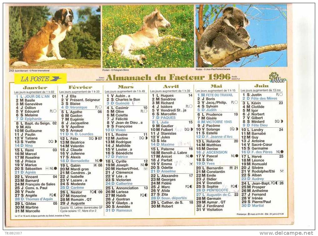 CALENDRIER DES POSTES.   ALMANACH DU FACTEUR 1996 / VOSGES. - Big : 1991-00