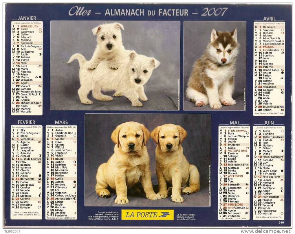 CALENDRIER DES POSTES.   ALMANACH DU FACTEUR  2007 / VOSGES.  CHIENS  /  CHIOTS. - Groot Formaat: 2001-...