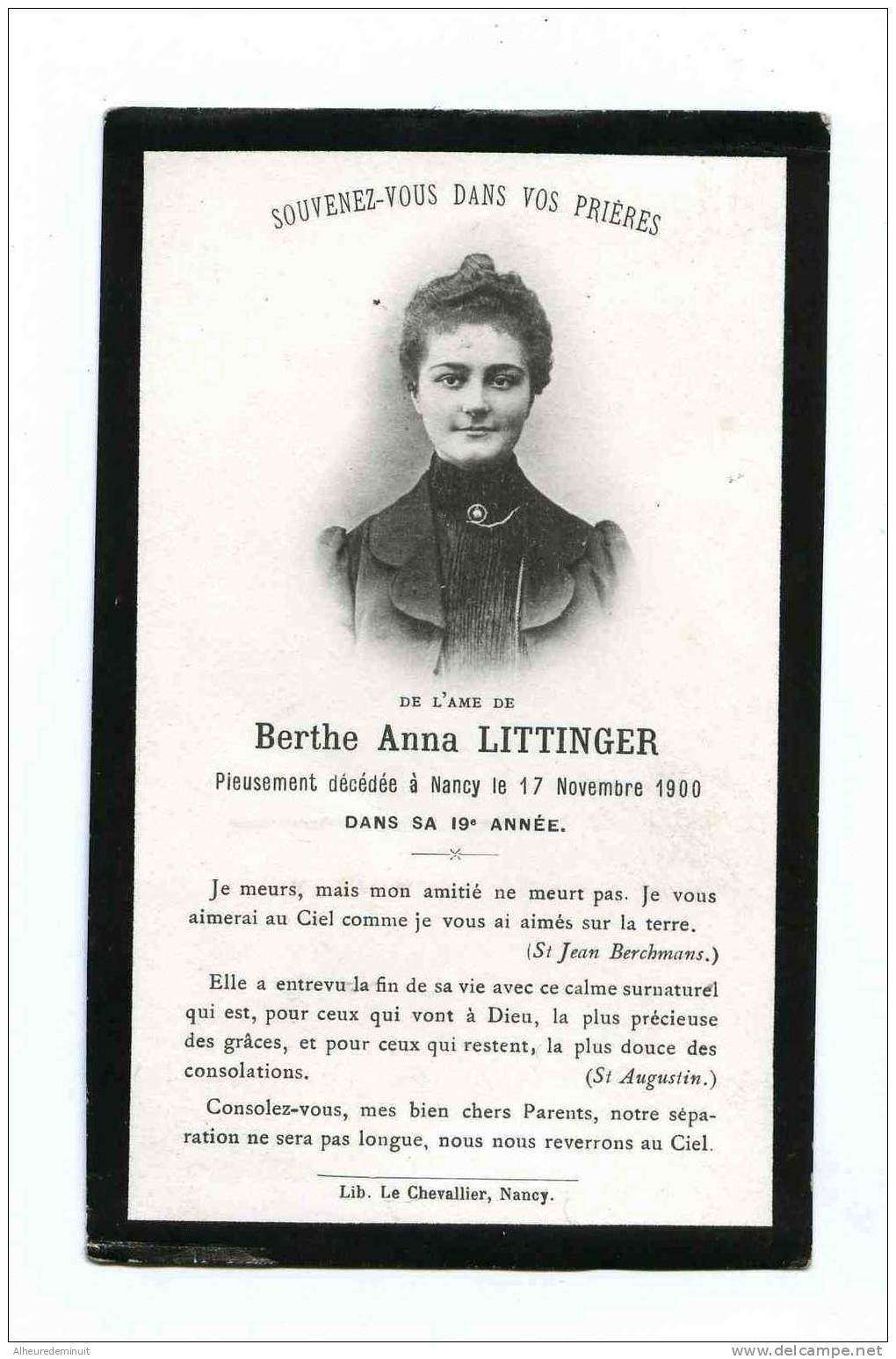 Image Pieuse Mortuaire"COMME UN LYS A PEINE EPANOUI"B.A.LITTINGER"17/11/1900 à NANCY"ELLE A ETE CUEILLIE POUR"FAIRE-PART - Other & Unclassified