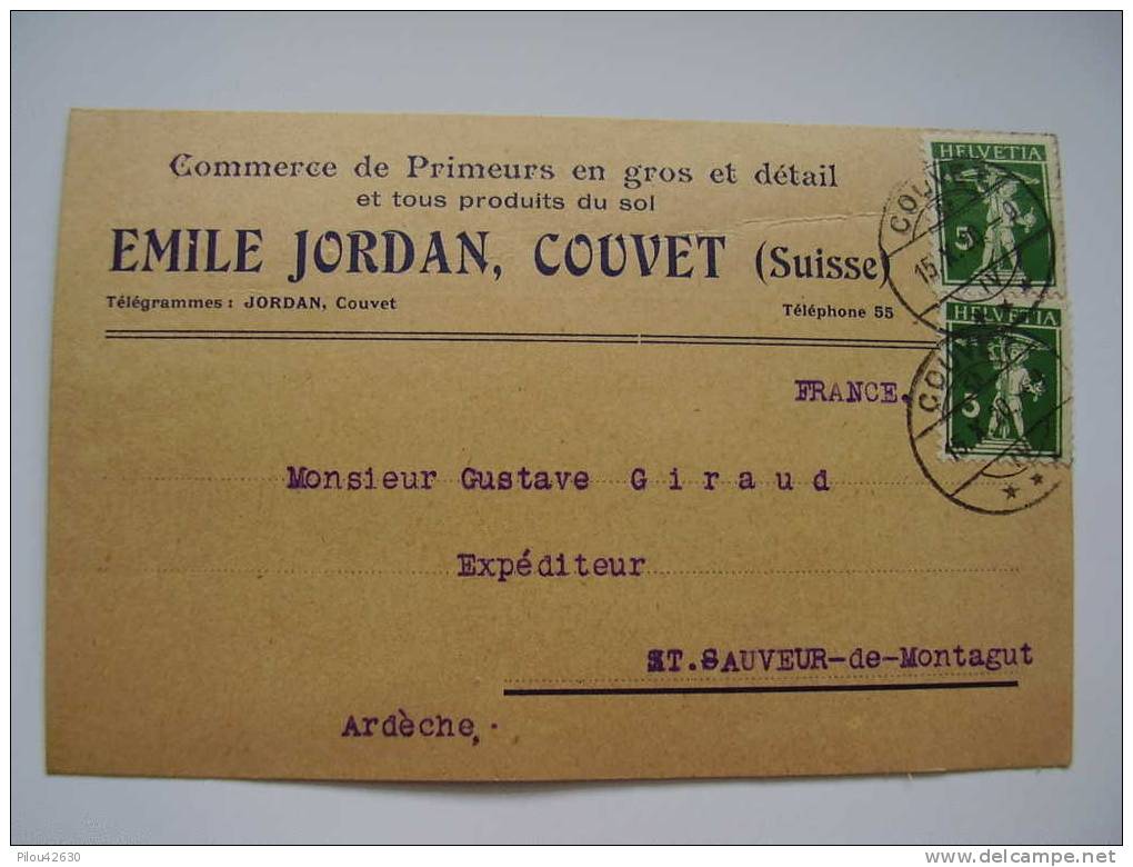 Carte + Publicité Emile Jourdan . Commerce De Primeurs à Couvet En Suisse  .  2 Timbre 5 C. - 1920 - Couvet