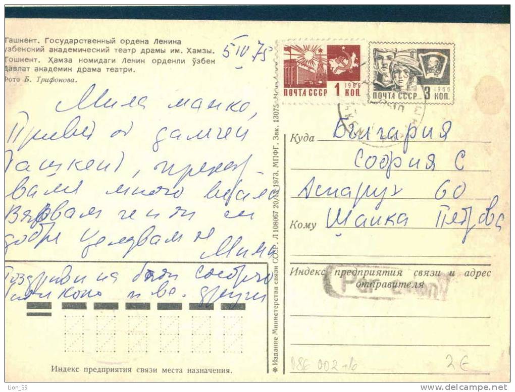 Uzbekistan - TASHKENT - THEATRE XAMZA , Postal Stationery Par Avion To Bulgaria Bulgarien Bulgarie Bulgarije / 086002 - Usbekistan