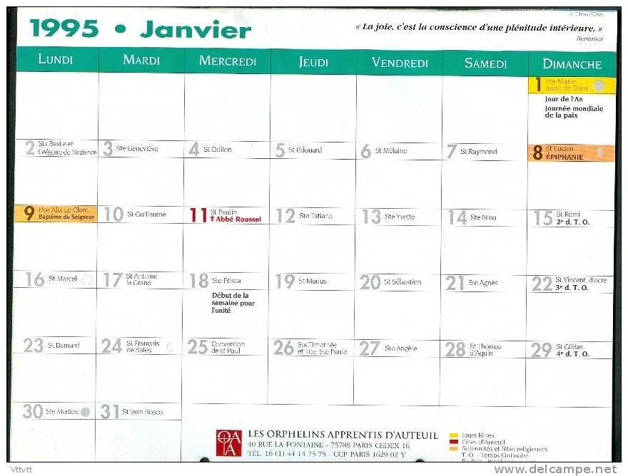 Calendrier 1995 : "Les Orphelins Apprentis D'Auteuil", 24 Pages, Papier Glacé, (22 Cm Sur 28,5 Cm) TBE - Big : 1991-00