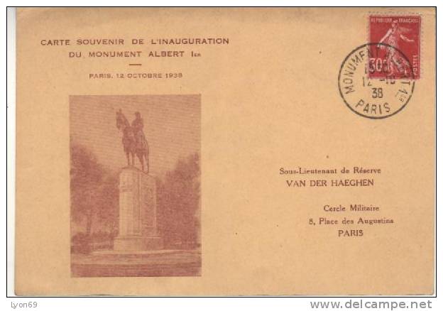 OBLITERATION SUR CARTE POSTALE  INAUGURATION MONUMENT ALBERT 1 Er PARIS - Matasellos Provisorios