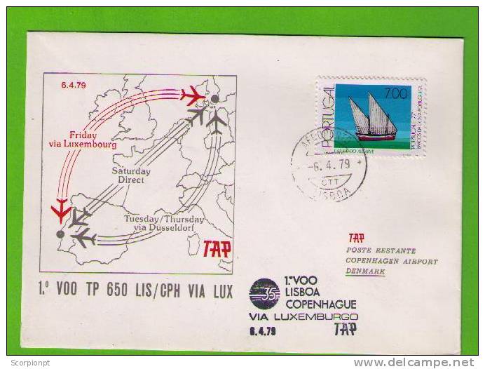 Airmail Aérienne 6/4/79 Avions Aviation 1st FLIGHT By TAP LISBOA (Portugal) Via LUXEMBURGO - COPENHAGUE Dinamarca Sp378 - Storia Postale