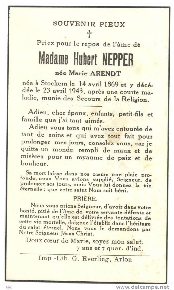 Faire-part De Décès - STOCKEM - Mde M. Arendt épouse De Hubert Nepper - 1869-1943(sg) - Other & Unclassified