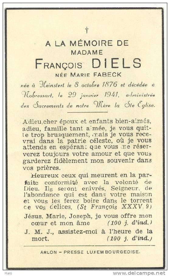 Faire-part De Décès  De Mde M. Fabeck épouse De François Diels-  Heinstert 1876- Nobressart 1941(sg) - Other & Unclassified