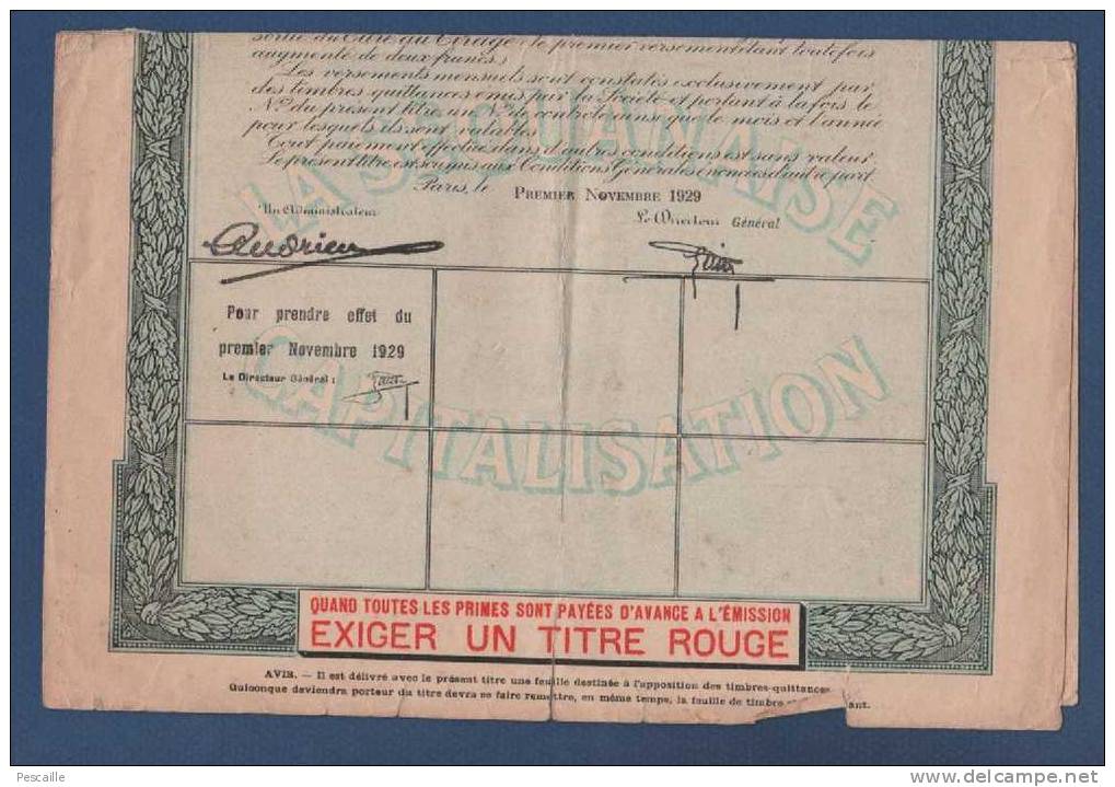 LA SEQUANAISE CAPITALISATION - TITRE DE 6000 FRANCS NON LIBEREE A VERSEMENTS PERIODIQUES AU PORTEUR - 1929 - Bank En Verzekering