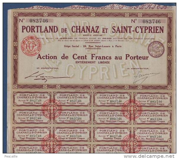 ACTION DE CENT FRANCS AU PORTEUR PORTLAND DE CHANAZ ET SAINT CYPRIEN - RUE SAINT LAZARE A PARIS - 1926 - P - R