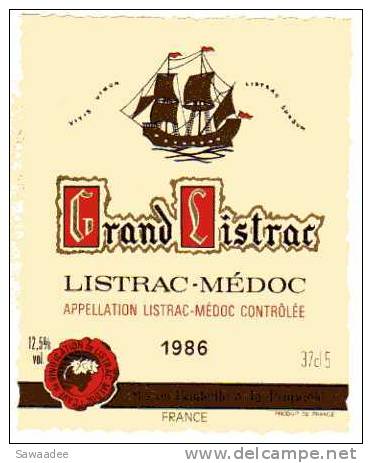 ETIQUETTE DE VIN - BORDEAUX - GRAND LISTRAC - MEDOC 1986 - VOILIER DE PROFIL - Sailboats & Sailing Vessels