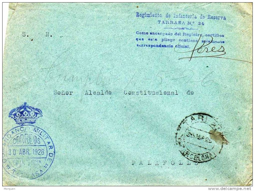 Carta Franquicia Militar TARRASA (Barcelona) 1926. Regimiento Infanteria - Cartas & Documentos