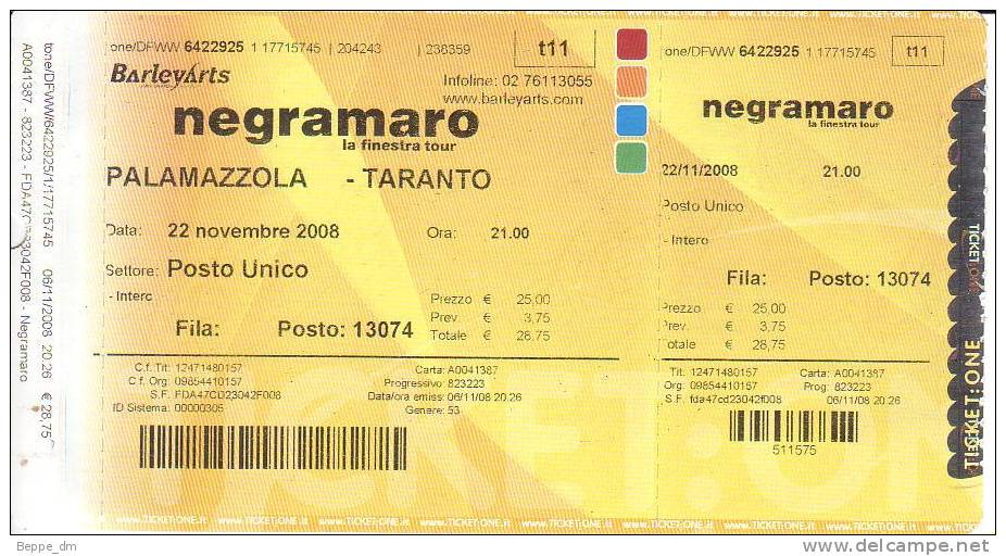 Biglietto Concerto NEGRAMARO - Taranto - Palamazzola - 22 Novembre 2008 - Concerttickets