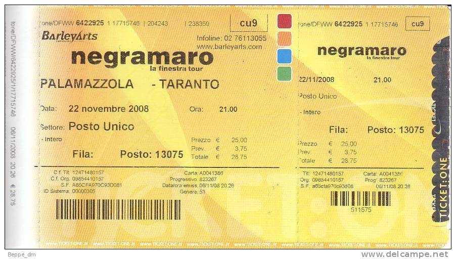 Biglietto Concerto NEGRAMARO - Taranto - Palamazzola - 22 Novembre 2008 - Concerttickets