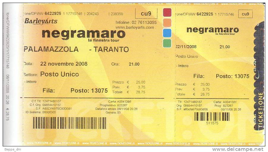 Biglietto Concerto NEGRAMARO - Taranto - Palamazzola - 22 Novembre 2008 - Concert Tickets