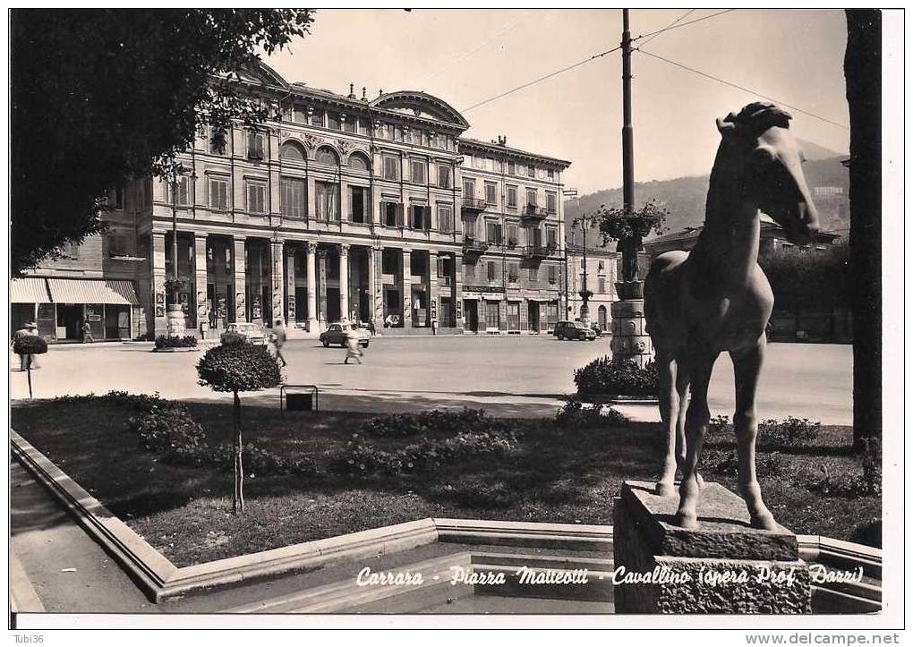 CARRARA - IL CAVALLINO DELLO SCULTORE DAZZI -DOPO ~ PIAZZA MATTEOTTI  -B/N VIAGGIATA 1960 -  ANIMATA E  VETTURE D'EPOCA. - Carrara