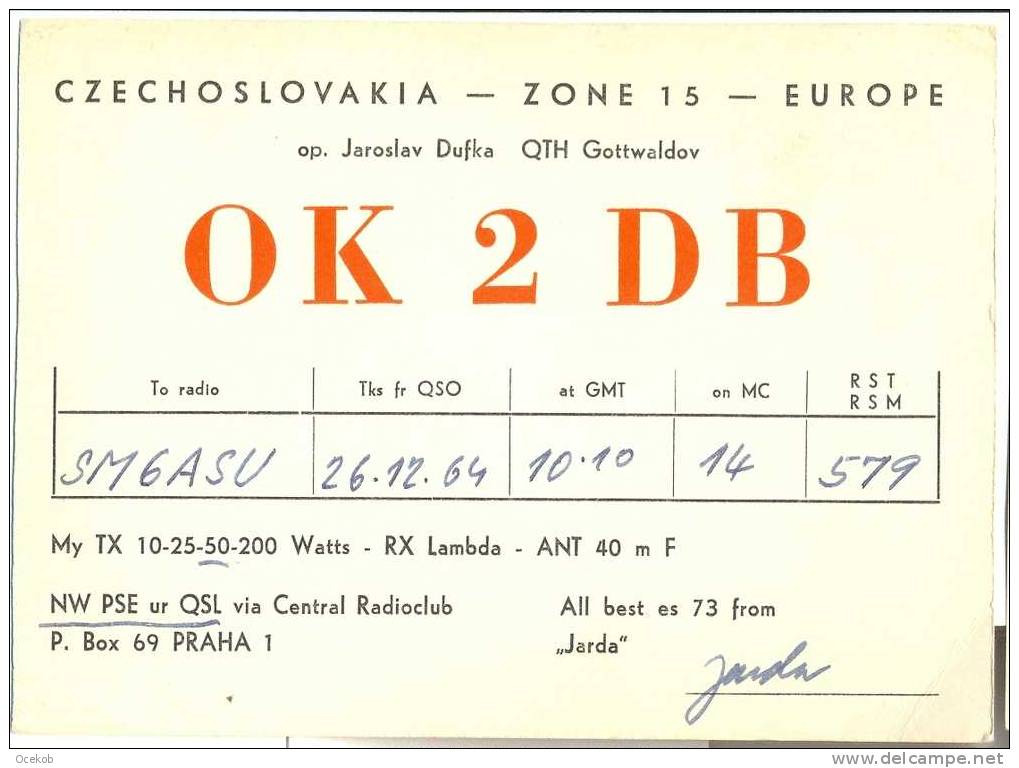 QSL  CZECHOSLOVAKIA  PRAHA RADIO 1964 - Radio Amateur