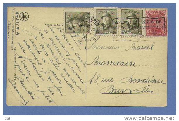 138+166(x3) Op Kaart Met Stempel ANTWERPEN - 1919-1920  Cascos De Trinchera